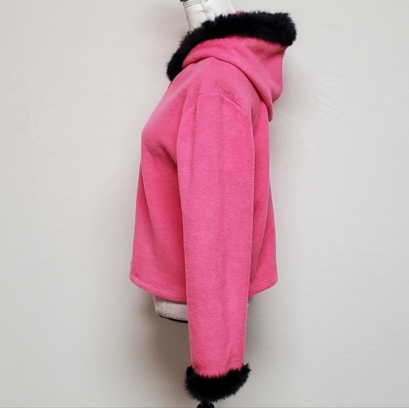 VINTAGE OOAK Upcycled Hot Pink Fleece Black Rabbit Fur Trim Full-zip Cardigan - Picture 9 of 16